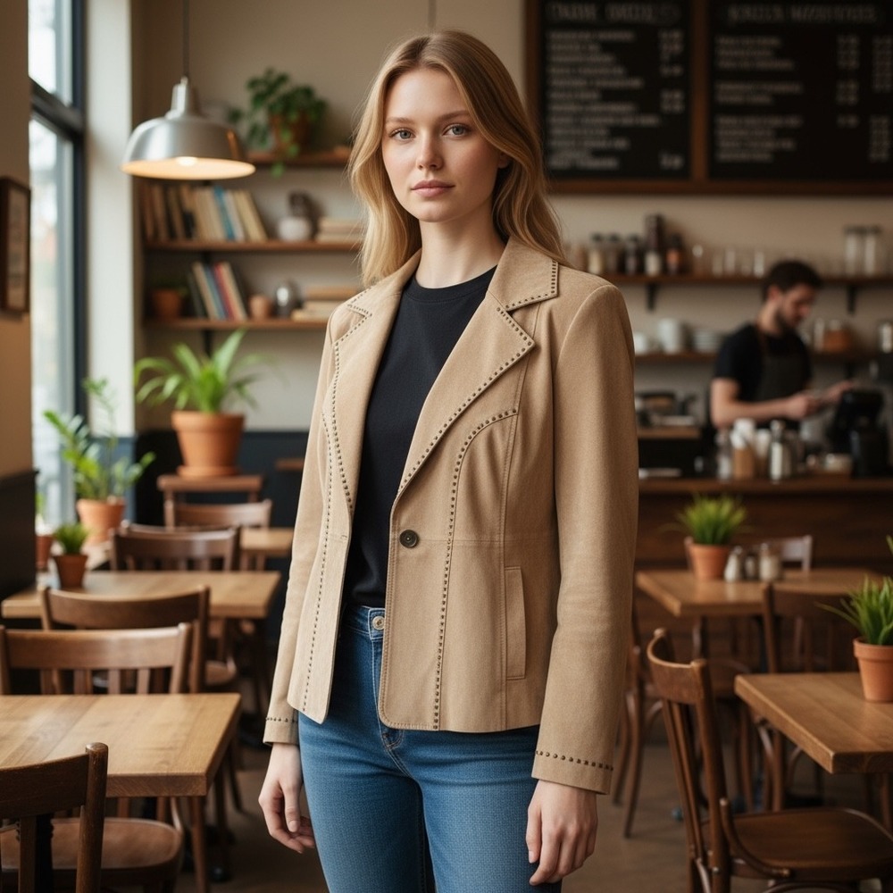 Western Style Suede Studded Blazer Classic Tailored Style‎